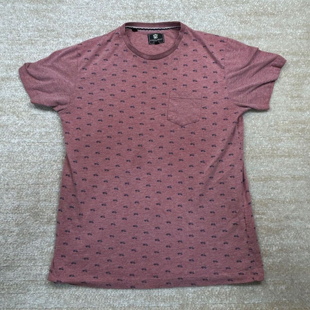 Steel & Jelly T-Shirt Mens S Burgundy Motorcycle Print Pocket Short‎ Sleeve Tee